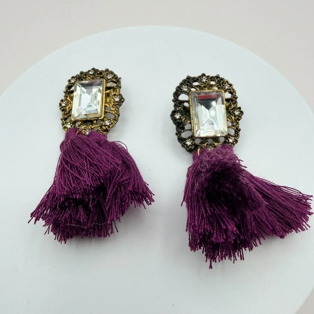 Vintage Y2K Gold Tone Purple Tassel Emerald Cut Earrings Women's Classic Jewelry